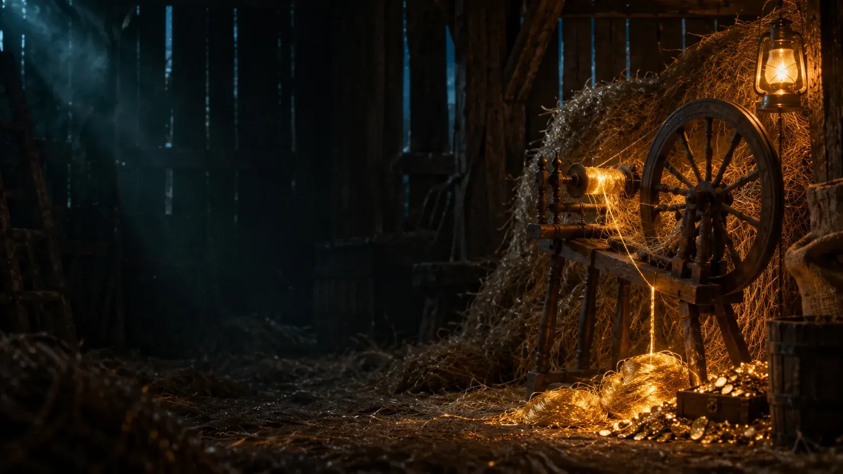 Antique spinning wheel turning straw into glowing gold thread in a lantern-lit barn