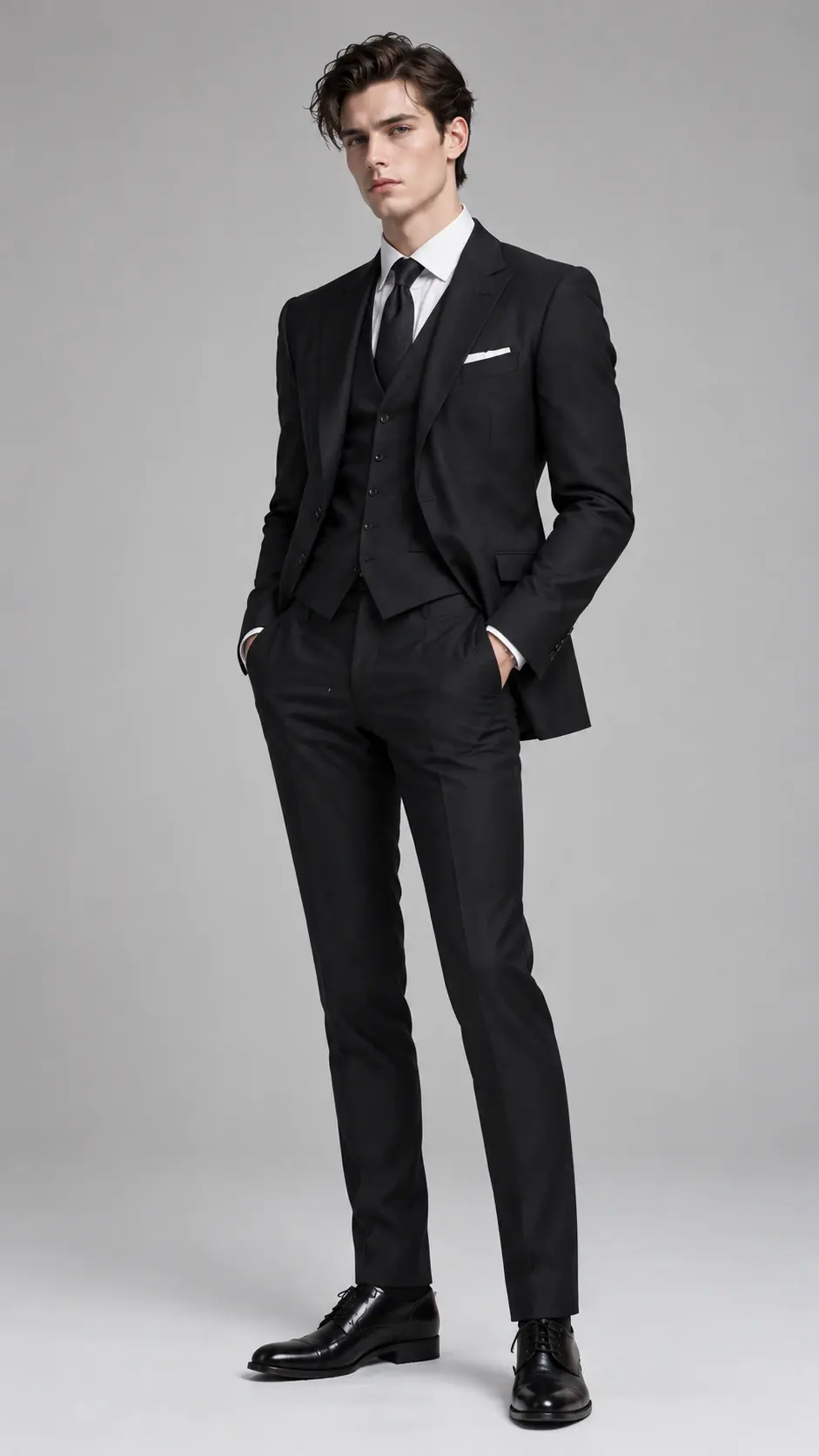 Input photo: a young man in a black suit