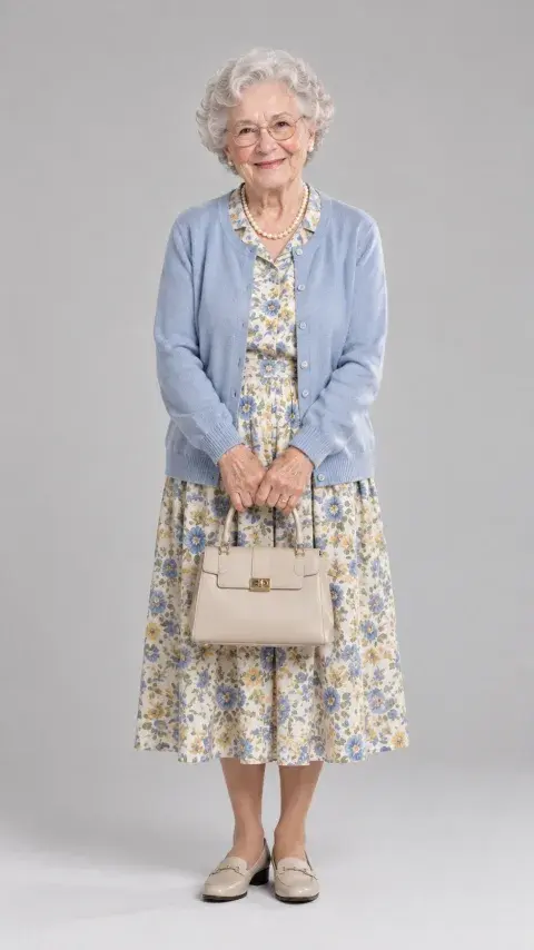 Input photo: an older woman in a pale blue cardigan and floral dress