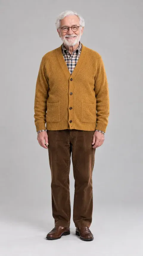 Input photo: a smiling older man in a mustard cardigan